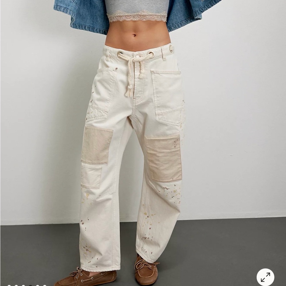 Free People Cream Wide Leg Patchwork Jeans